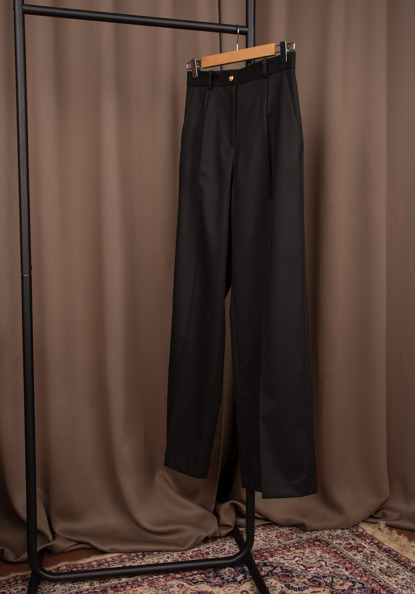 Women's High Waisted Wide Leg Trousers in Bengal Stripe Black
