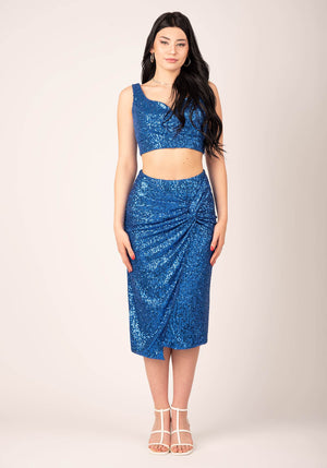 Asymmetrical Slit Knot Front Skirt in Blue Sequins