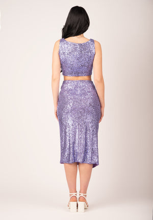 Asymmetrical Slit Knot Front Skirt in Purple Sequins
