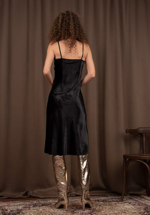 Velvet Slip on Midi Dress in Black
