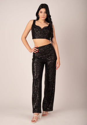 Taille Haute Wide Leg Trousers in Black Sequins