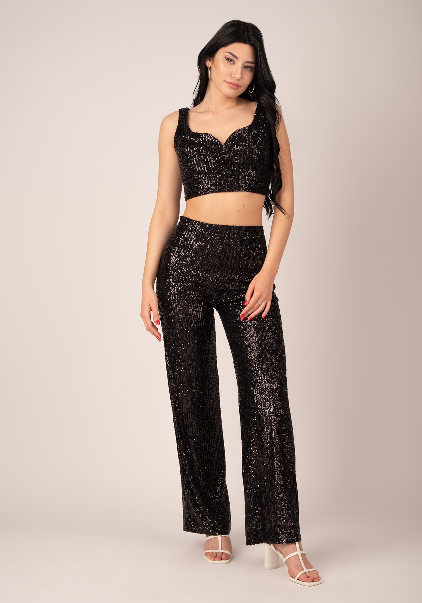 Taille Haute Wide Leg Trousers in Black Sequins