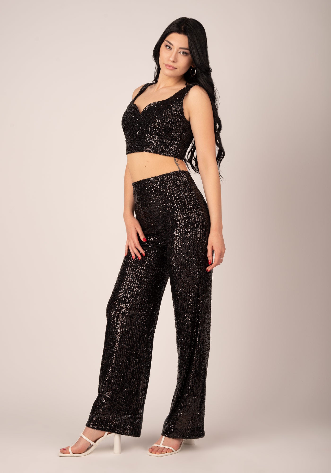 Taille Haute Wide Leg Trousers in Black Sequins