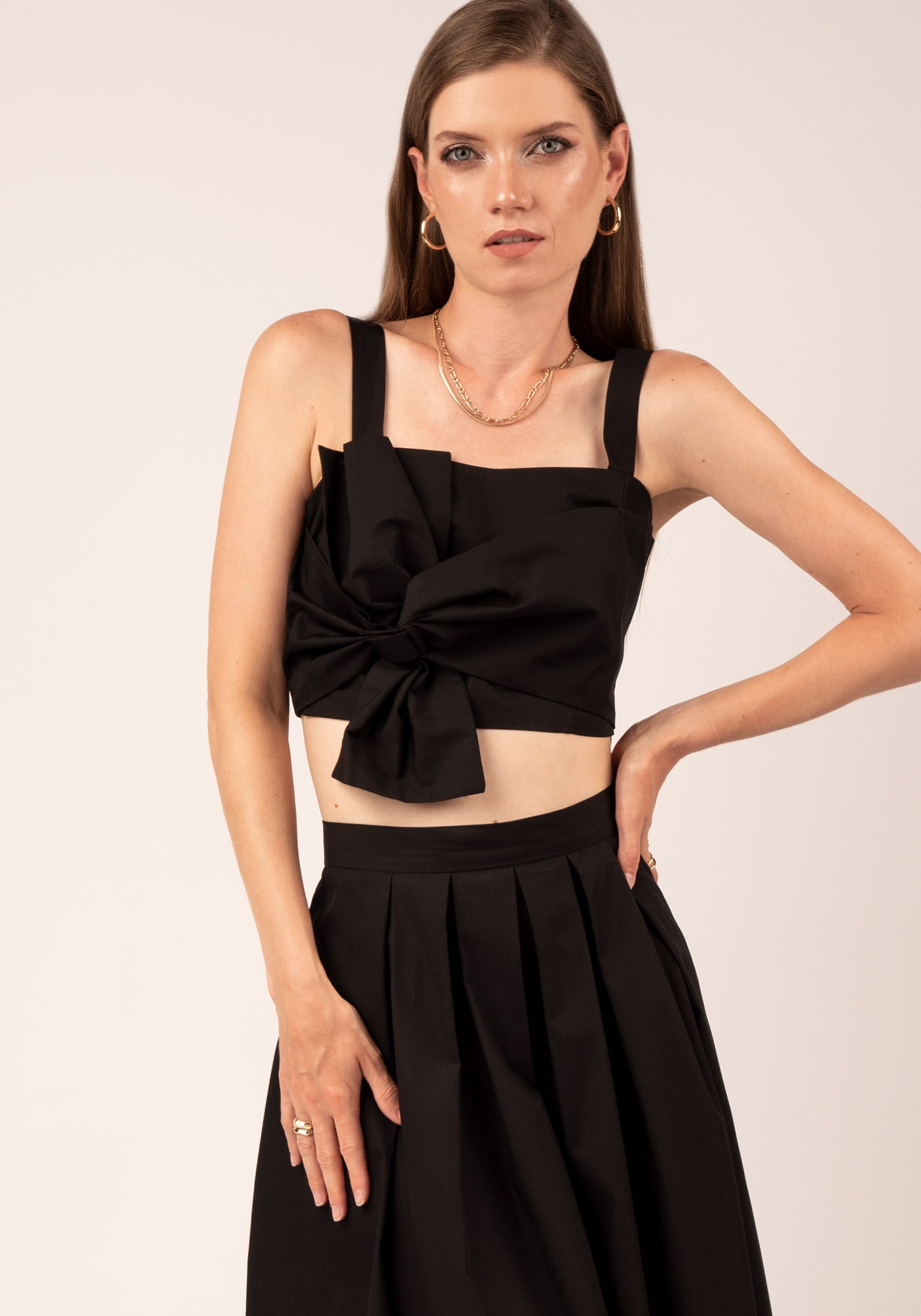 Women's Bow Crop Top in Black Cotton Poplin