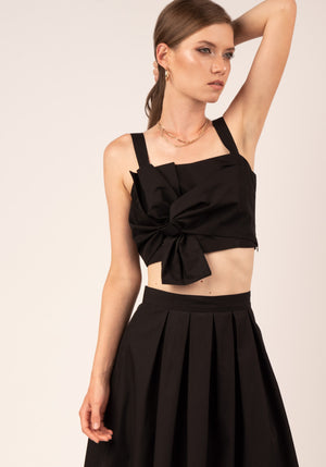 Women's Bow Crop Top in Black Cotton Poplin