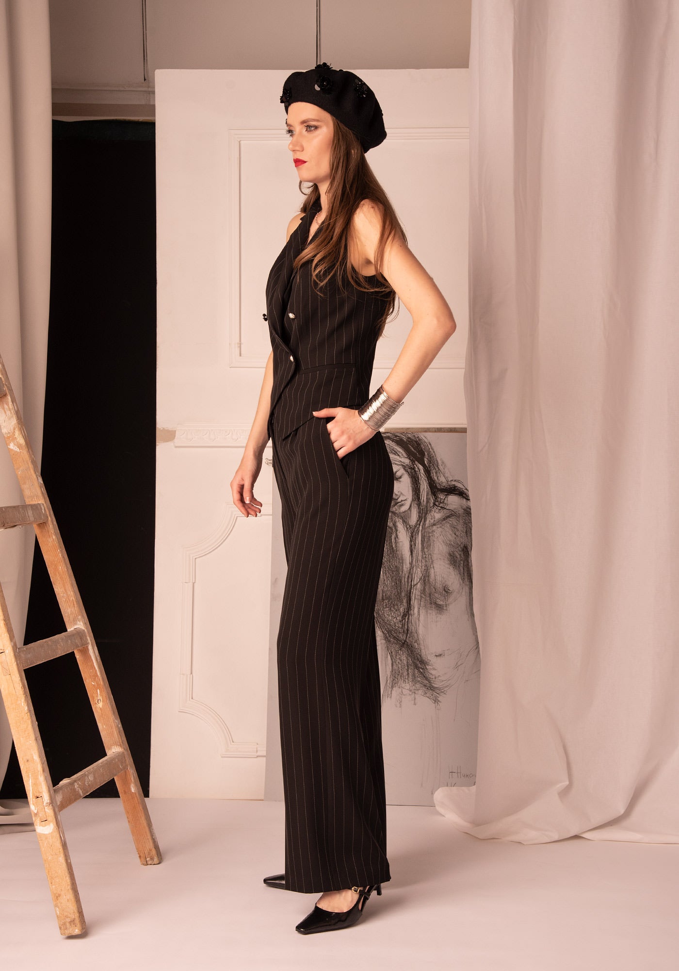 Women's Wide Leg Trousers in Pinstripe Black