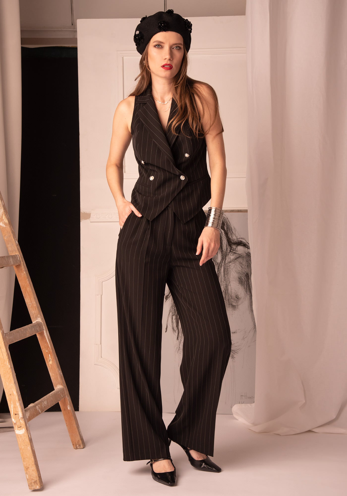 Women's Wide Leg Trousers in Pinstripe Black