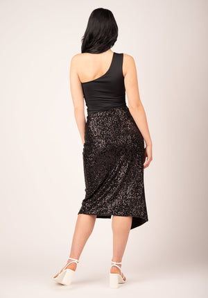 Asymmetrical Slit Knot Front Skirt in Black Sequins