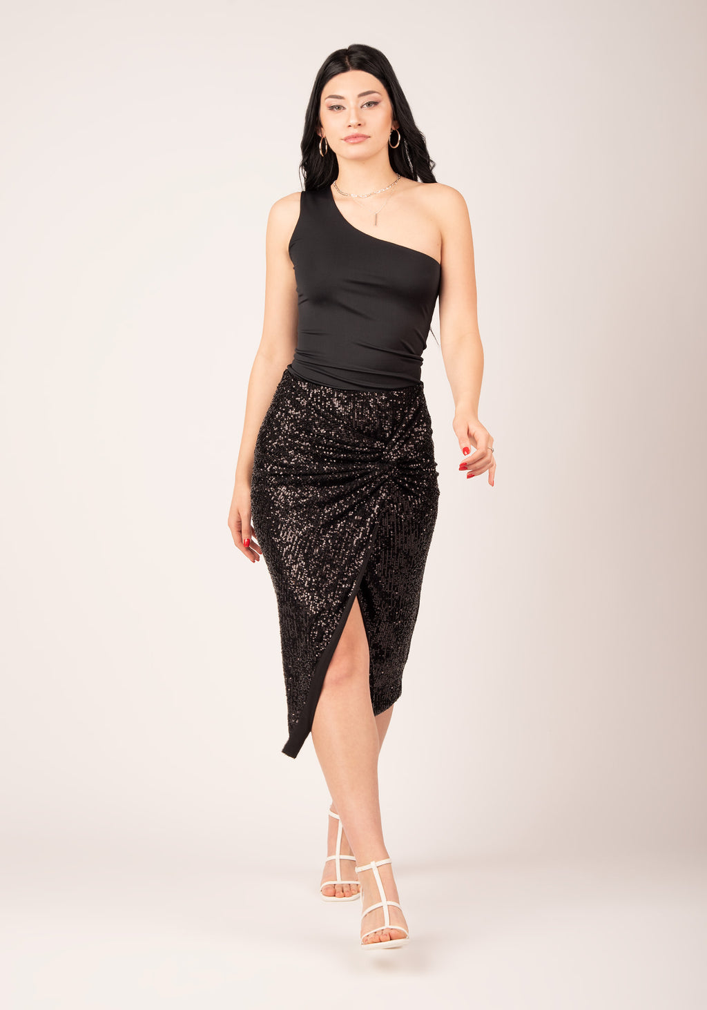 Asymmetrical Slit Knot Front Skirt in Black Sequins