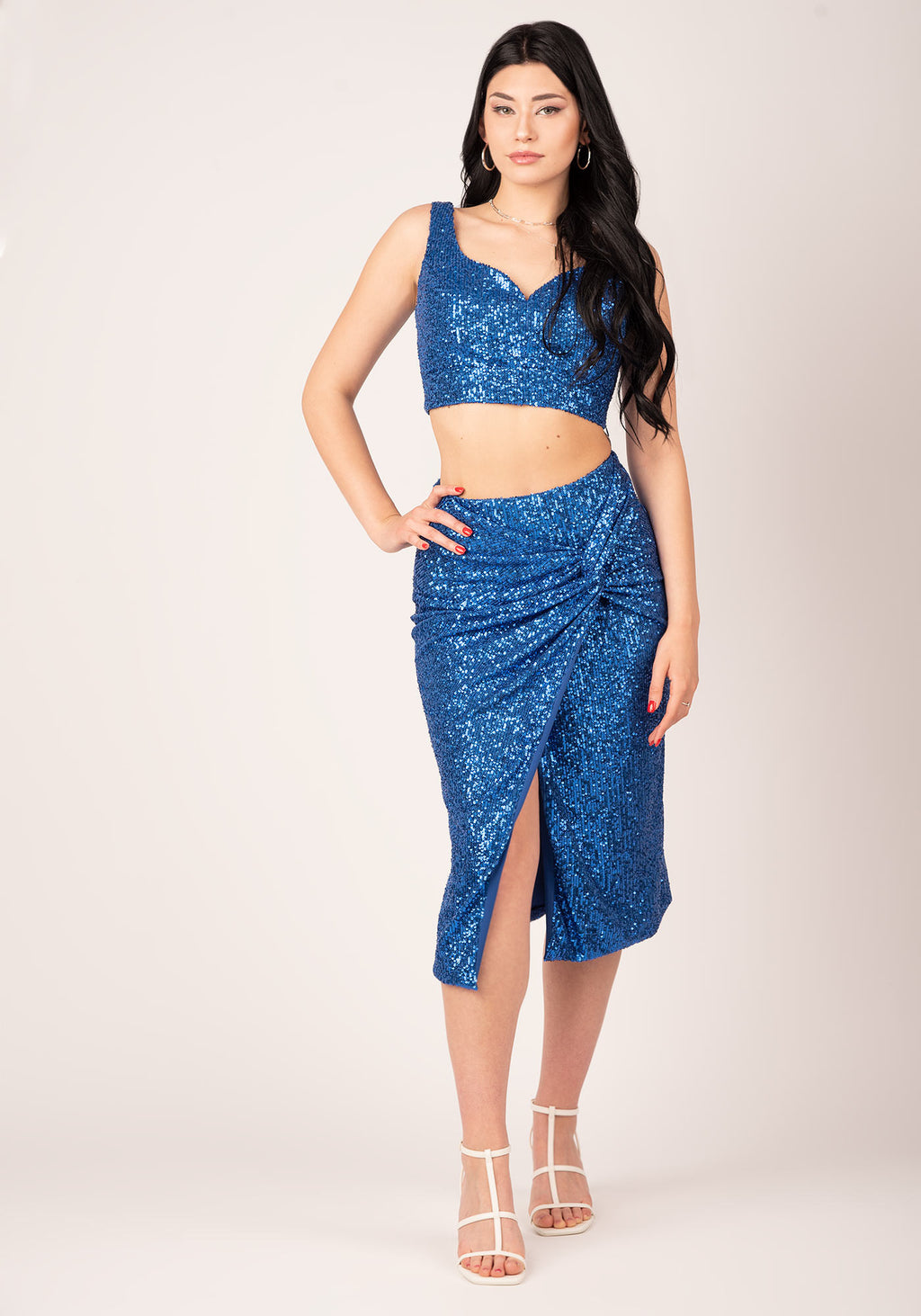 Asymmetrical Slit Knot Front Skirt in Blue Sequins