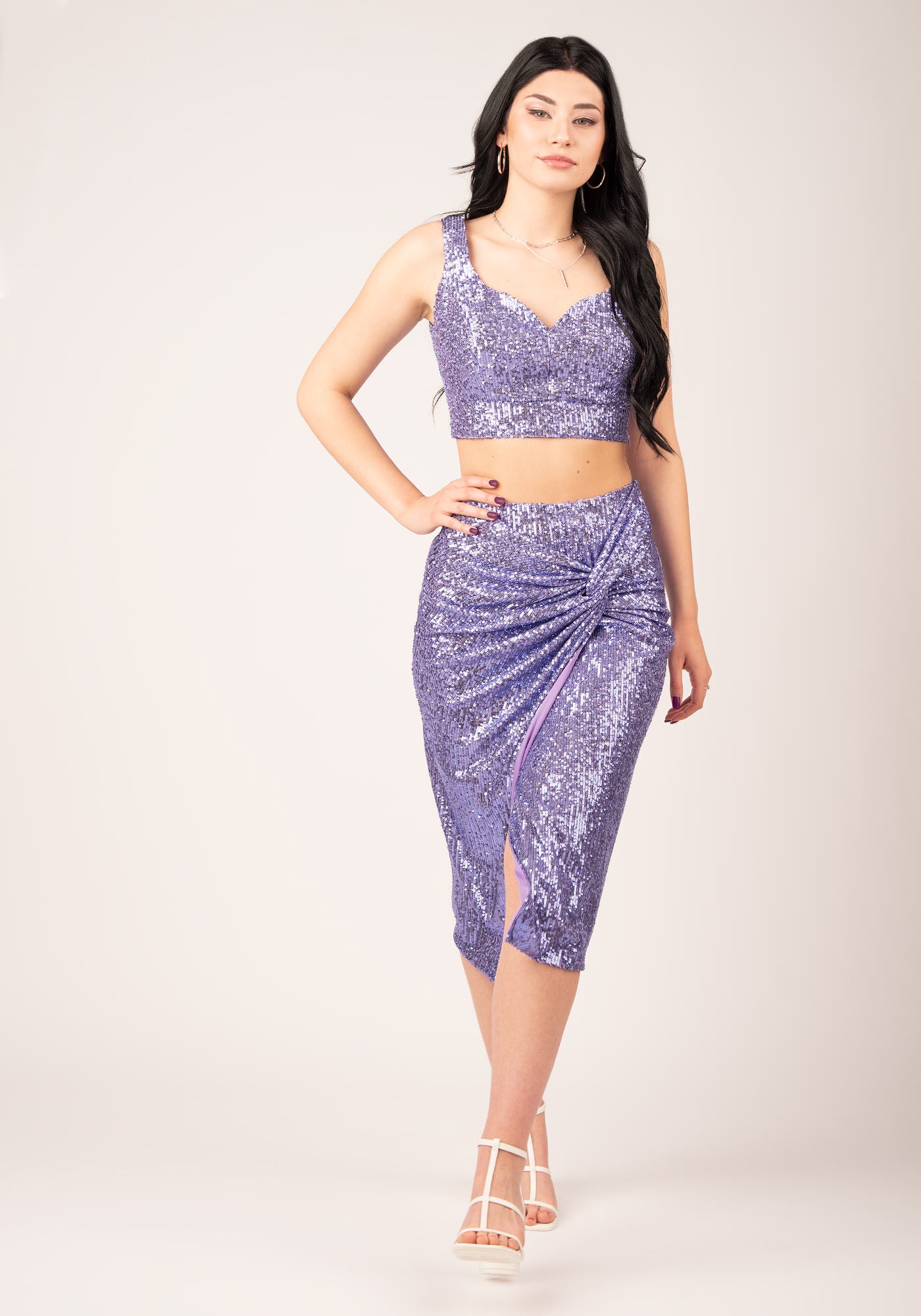 Asymmetrical Slit Knot Front Skirt in Purple Sequins