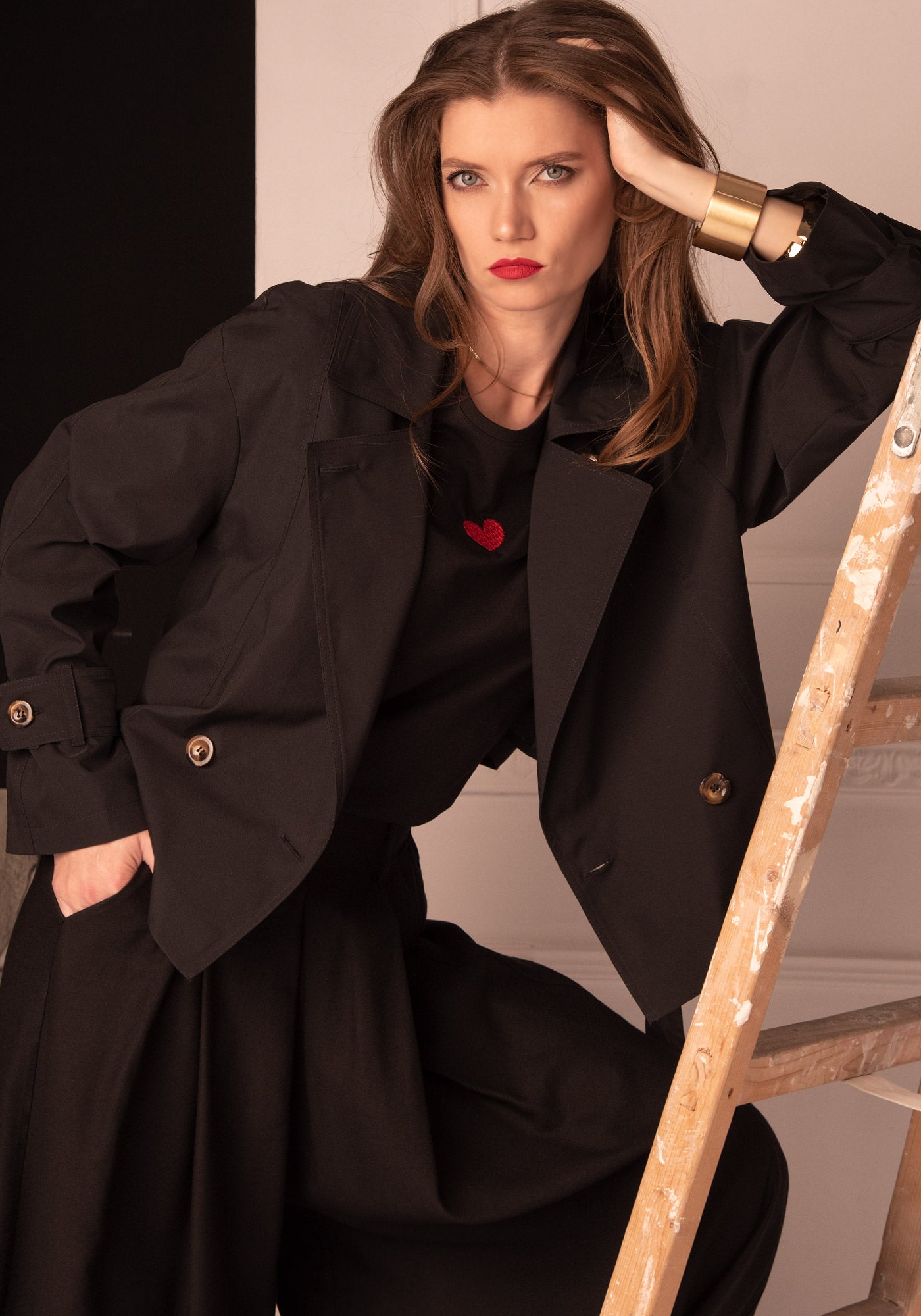 Fé Embroidered Heart Boyfriend T-shirt in Black + Red