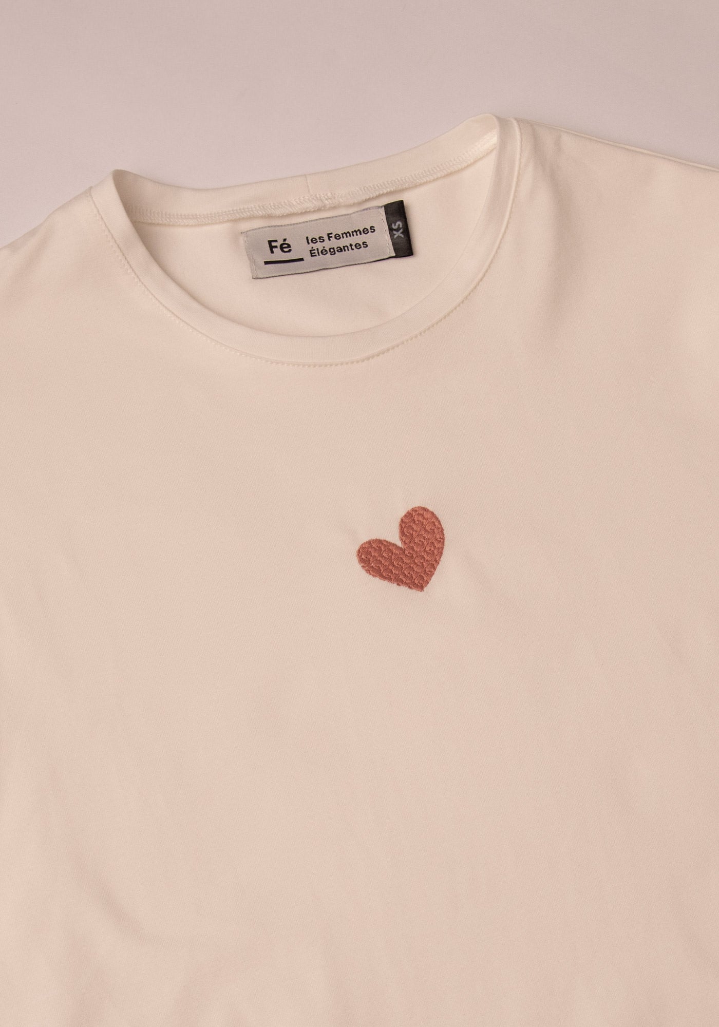Fé Embroidered Heart Boyfriend T-shirt in Ecru + Blush