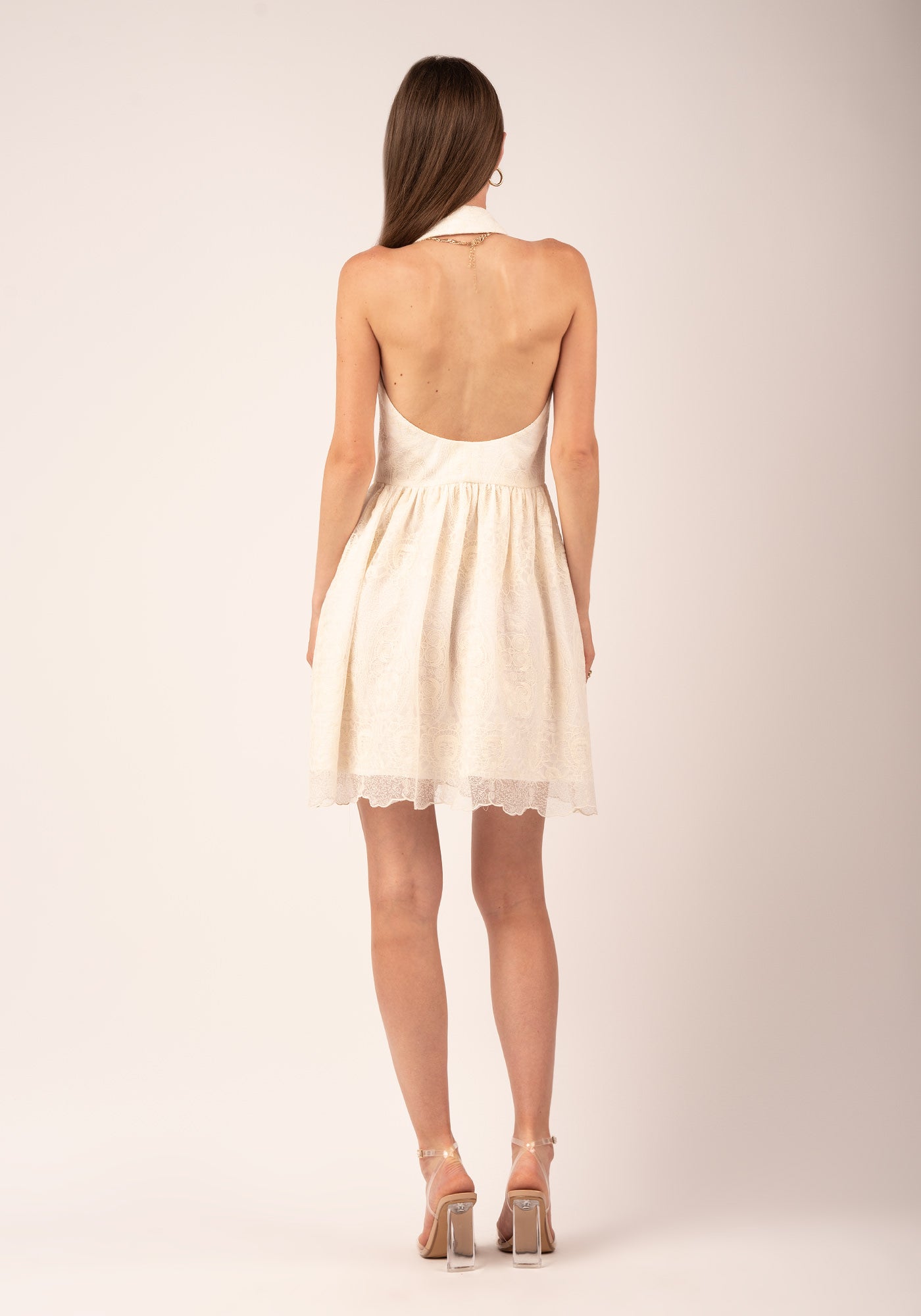 Women's Open Back Mini Dress in Ecru Lace