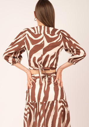 Women's Balloon Sleeve Linen Wrap Top in Zebra