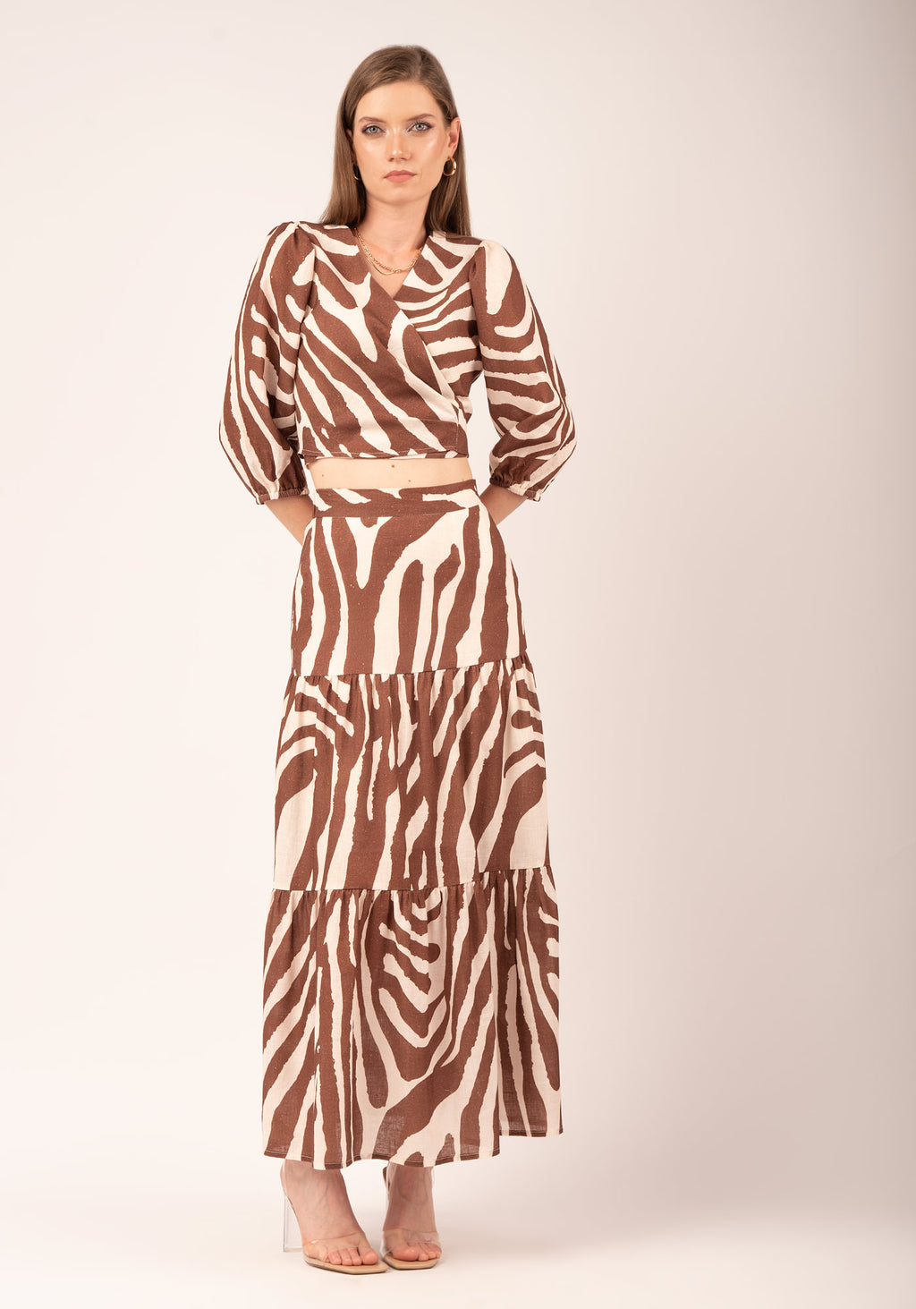 Women's Tiered Linen Maxi Skirt in Zebra