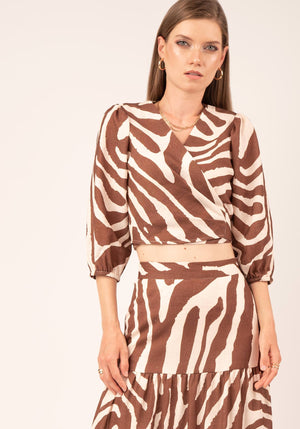 Women's Balloon Sleeve Linen Wrap Top in Zebra