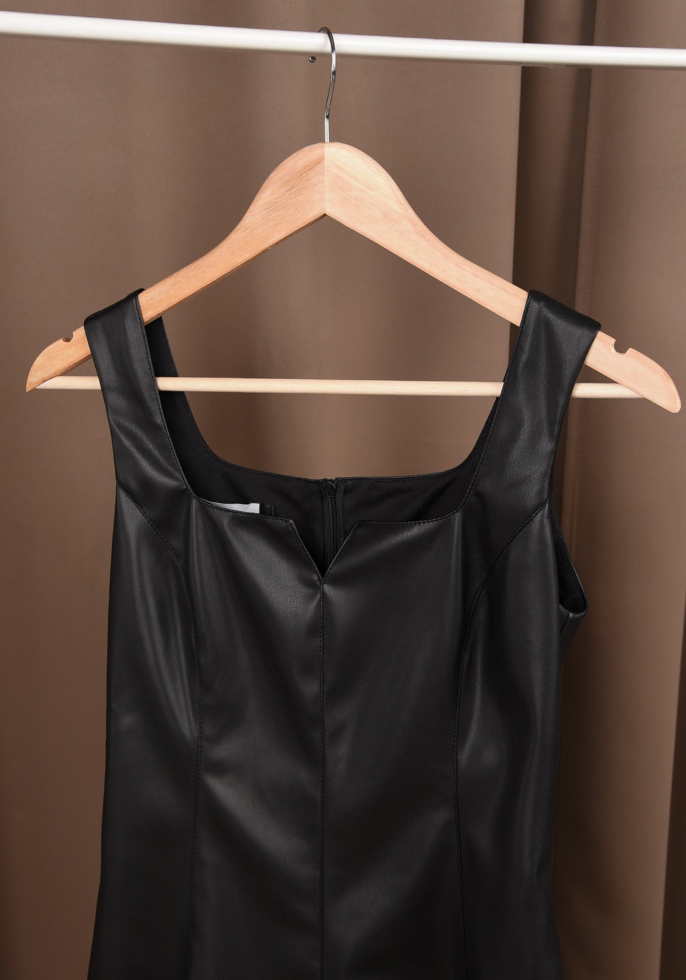 Faux Leather A line Mini Dress in Black