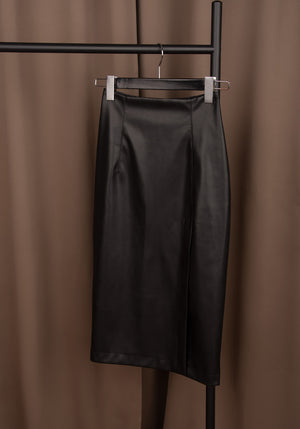 High Waisted Slit Skirt in Black Faux Leather