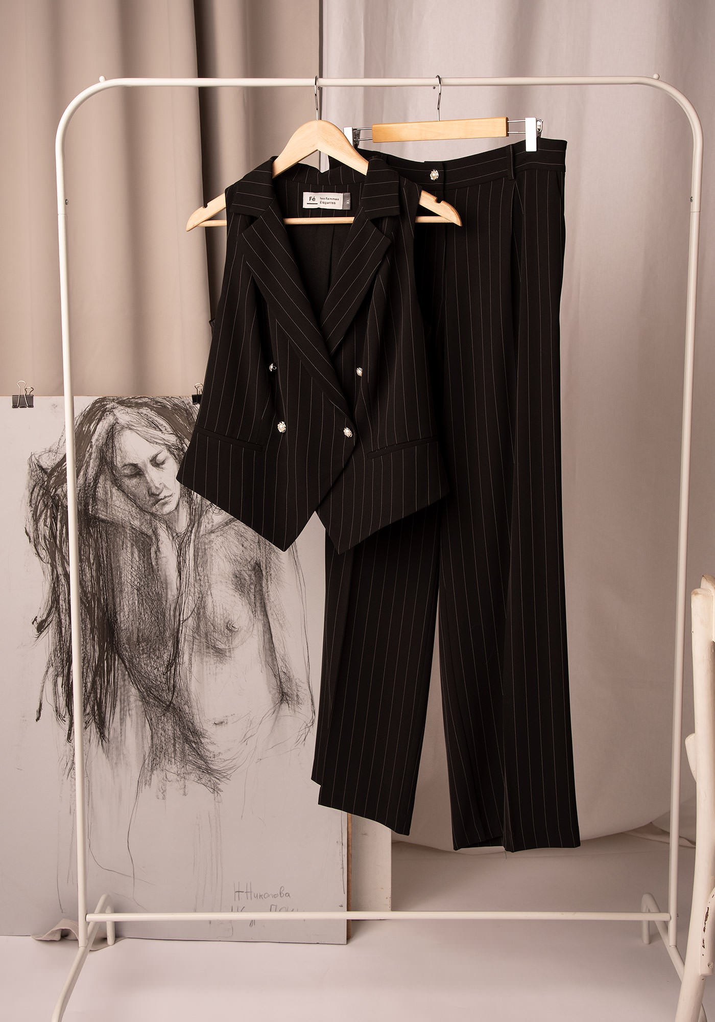 Women's Wide Leg Trousers in Pinstripe Black