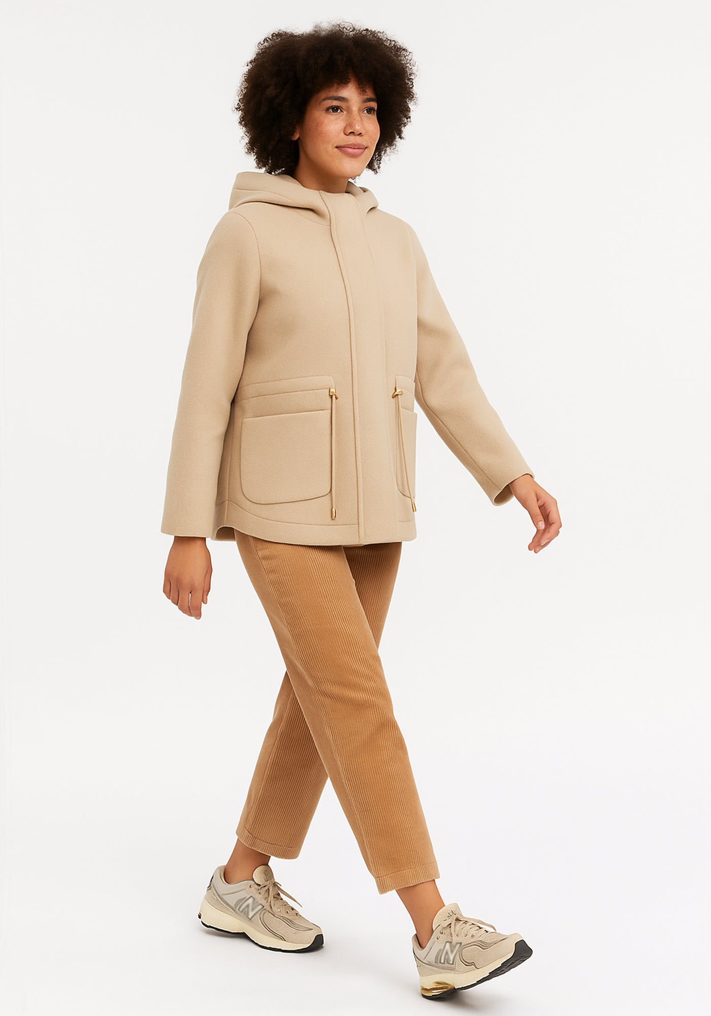 Fé Wool-Blend Hooded Coat in Beige