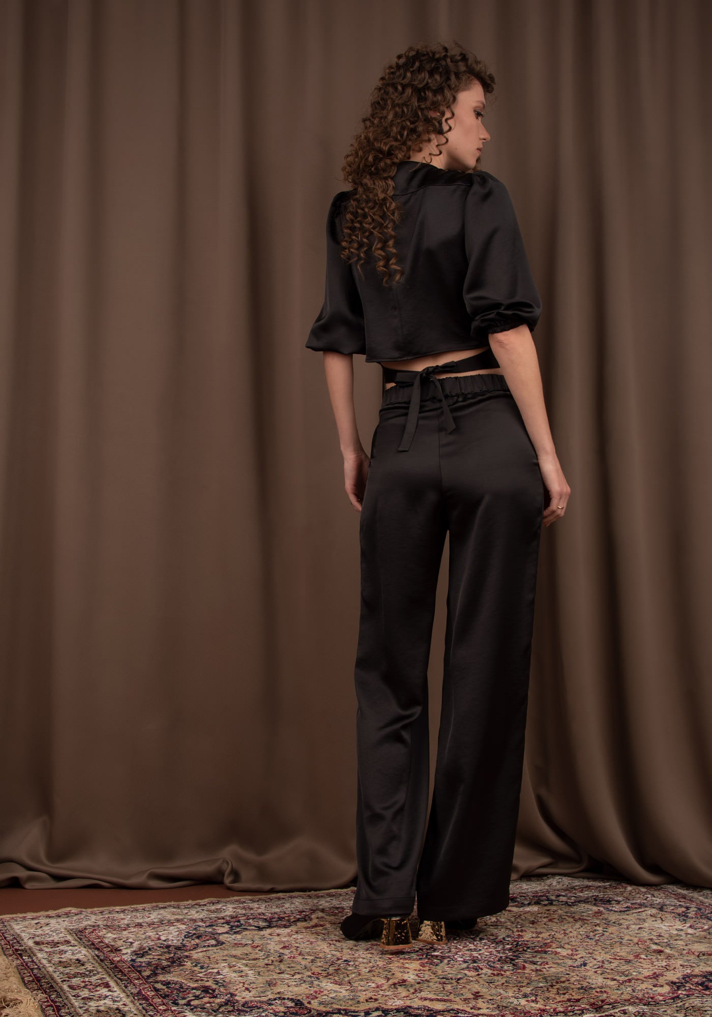 Wrap Top and Straight Leg Pant Two Piece Set in Black Satin