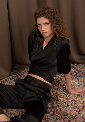 Wrap Top and Straight Leg Pant Two Piece Set in Black Satin