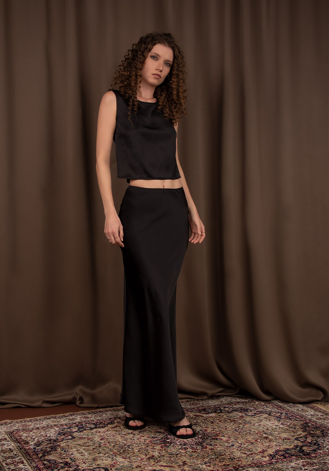 Figure Flattering Two Piece Set in Black Satin