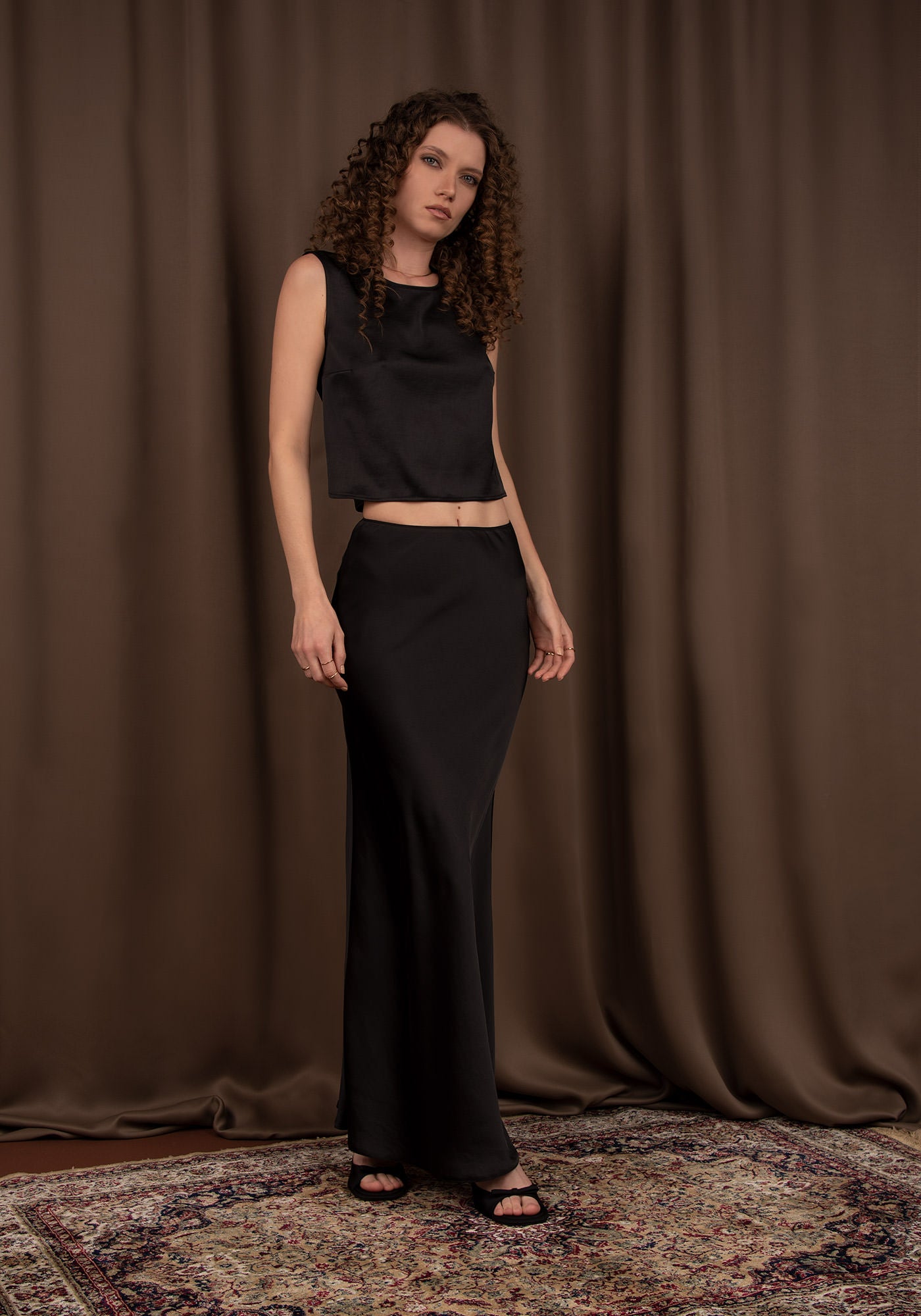 Figure Flattering Two Piece Set in Black Satin F Figure Flattering Two Piece Set in Black Satin F