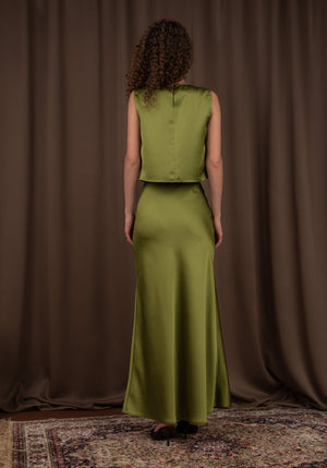 Women's Satin Bias Cut Maxi Skirt in Moss green