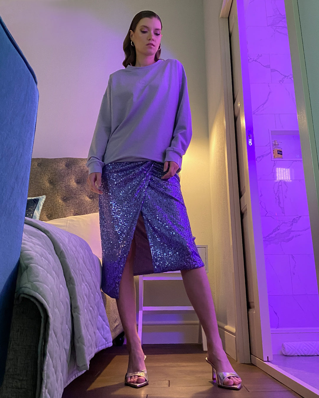 Asymmetrical Slit Knot Front Skirt in Purple Sequins