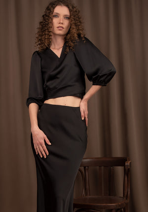 Cropped Wrap Top and High Waisted Maxi Skirt Satin Set in Black