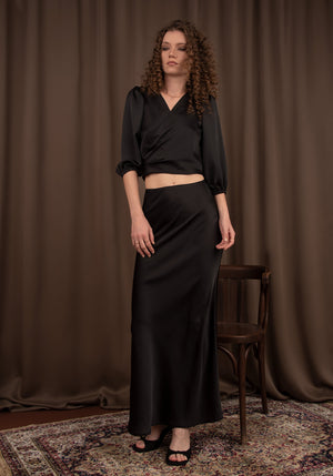 Cropped Wrap Top and High Waisted Maxi Skirt Satin Set in Black